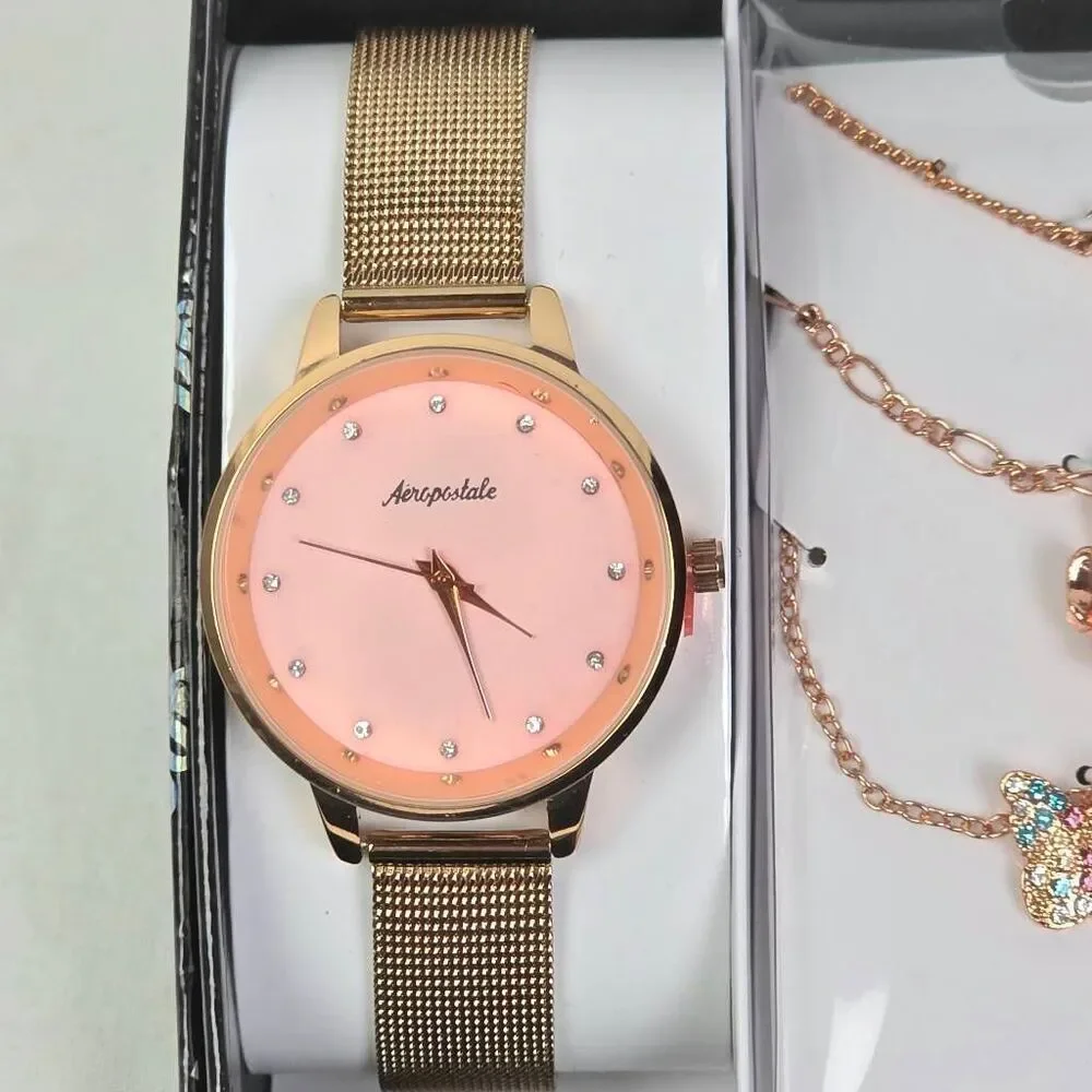Aeropostale Watch Jewelry Set Necklace Earrings Rose Gold Pink